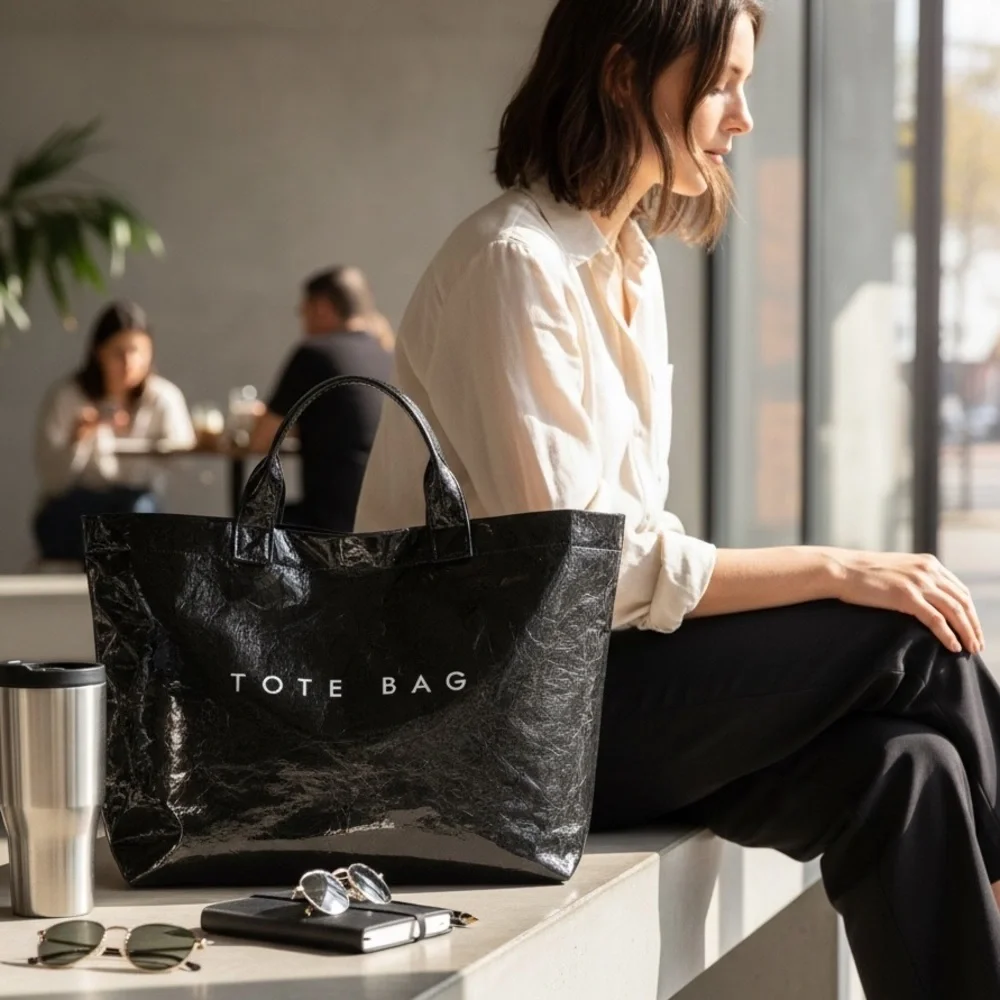 Black Tear Resistant Paper‎ Tote Bag Large Lightweight Brand New